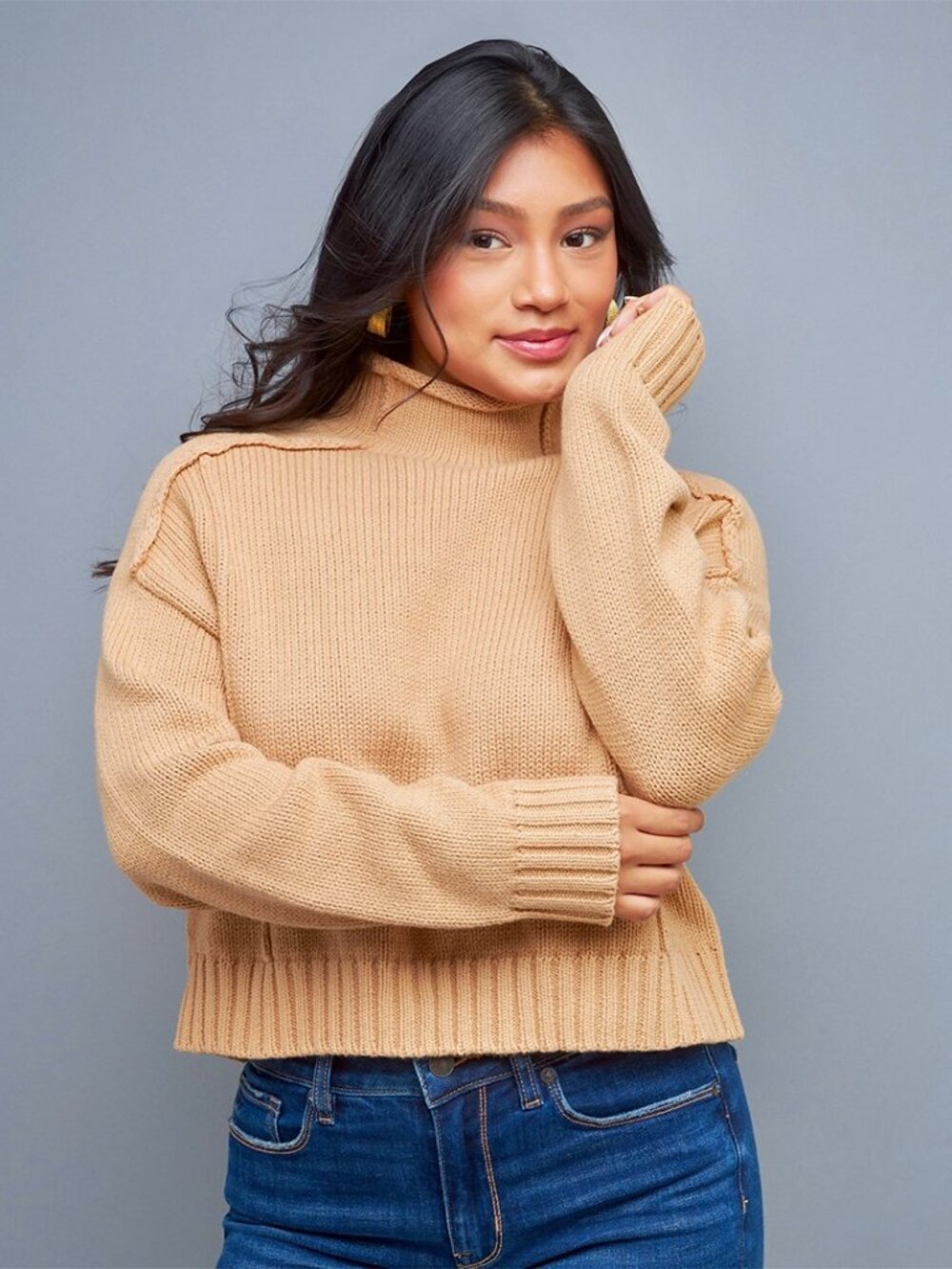 Taupe Mock Neck Pullover Sweater